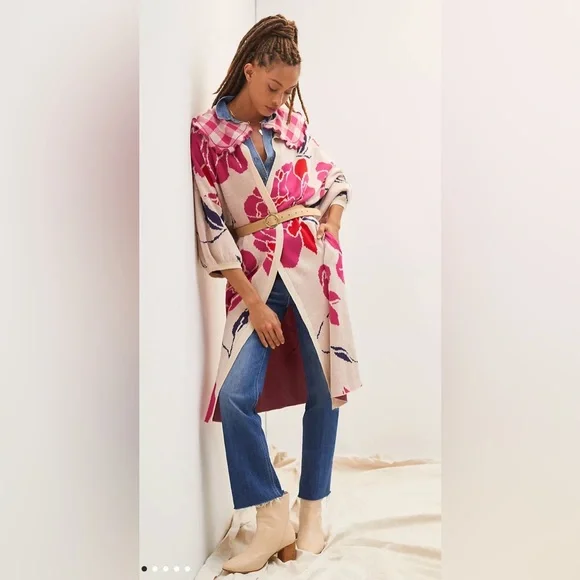 Anthropologie Bel Kazan Floral Gingham Removable Collared Duster Cardigan - Picture 2 of 15